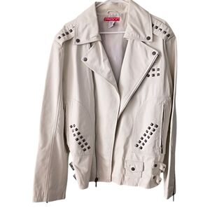 P.O.V. Mens Leather Moto Jacket Off White Studded Pockets Size Large Unisex